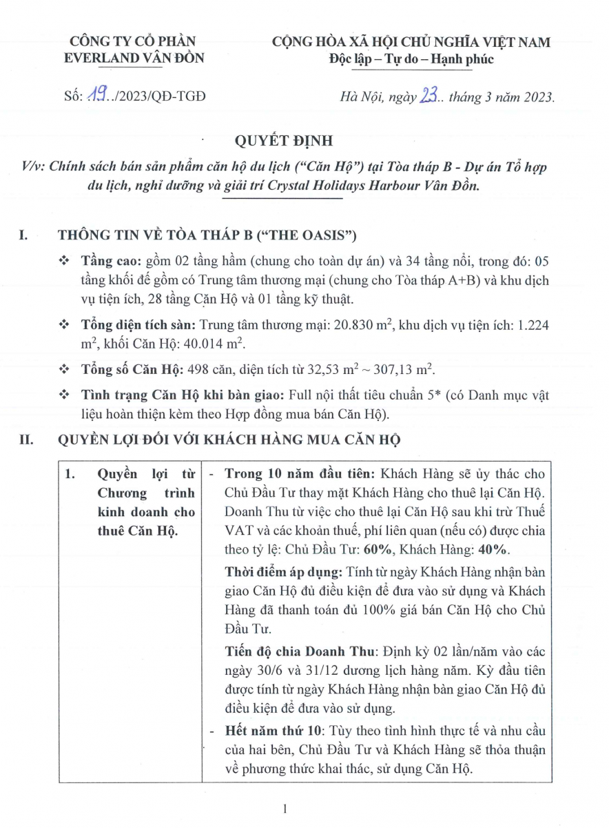 CHÍNH SÁCH BÁN HÀNG TÒA B - CRYSTAL VÂN ĐỒN