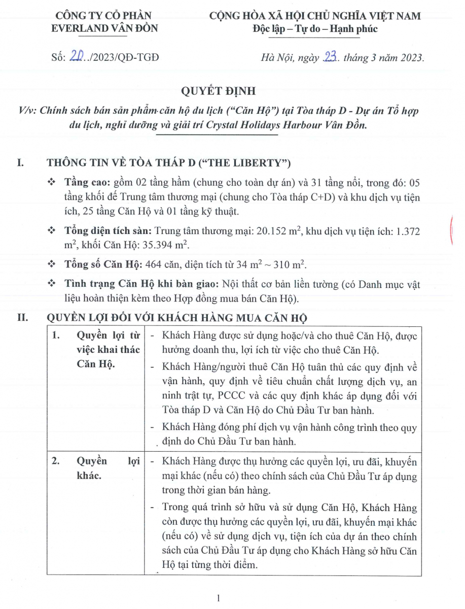 CHÍNH SÁCH BÁN HÀNG TÒA D - CRYSTAL VÂN ĐỒN